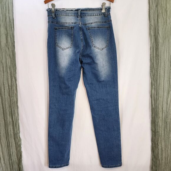 BAMBOO JEANS Blue Distressed Stretch Jeans High Waisted Straight Leg Size 7/8 - Picture 3 of 7